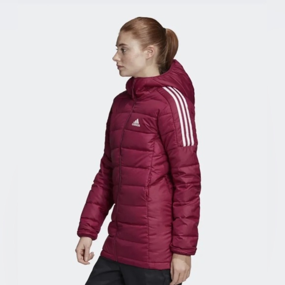Adidas Essential Light Down Hooded Parka Jacket Berry GH4592 Womens sz Small - Picture 2 of 4